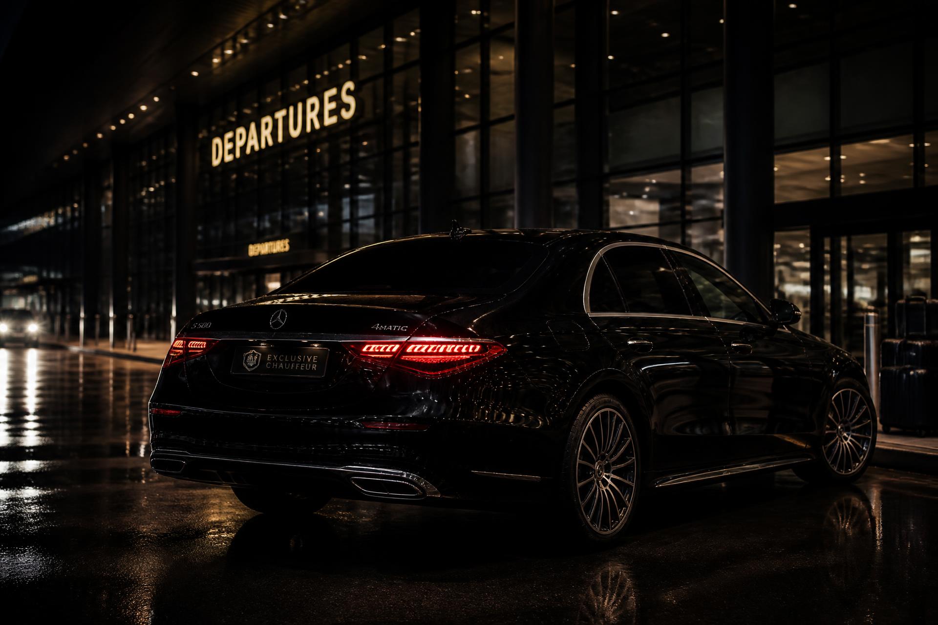 Professional transfer car waiting outside a London airport terminal
